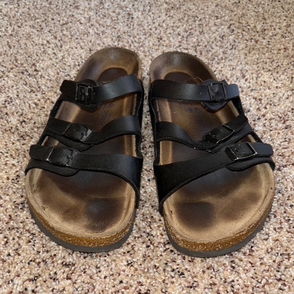 Birkenstock Black and Brown Sandals with Adjustable Straps and Cork Footbed